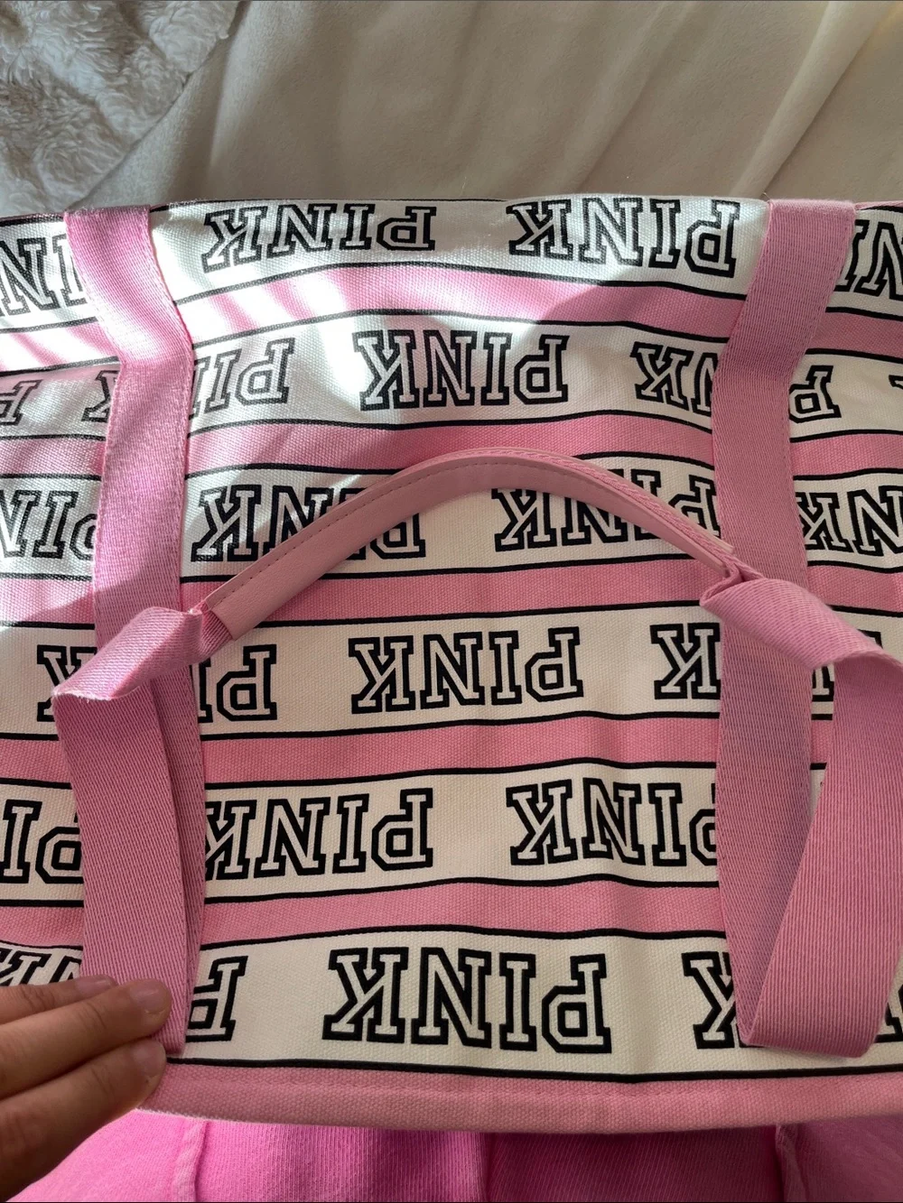 PINK Victoria's Secret Pink & White Logo Stripe Canvas Tote